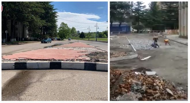 ზესტაფონში მუშამ, რომელსაც ხელფასი არ გადაუხადეს საკუთარი დაგებული ქვაფენილი აყარა