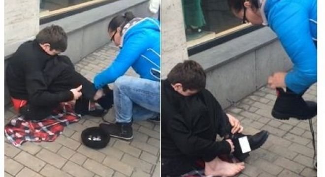 თბილისში  არასრულწლოვან  ბიჭს,  რომელიც  ტროტუარზე ფეხშიშველი  იჯდა  და  მათხოვრობდა,  ქართველმა  გოგონამ  ფეხსაცმელი  უყიდა  და  საკუთარი  ხელით  ჩააცვა