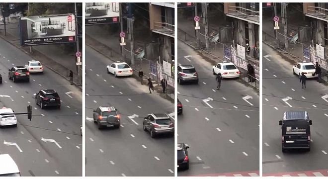 ტაქსის მძღოლს უნდოდა ავტომობილით მოქალაქისთვის გადაეარა, ამ დროს მოქალაქეებმა მის ავტომობილს საგნების რტყმა დაუწყეს და გაიქცა - თბილისში მომხდარი კონფლიქტის ამსახველი ვიდეომასალა